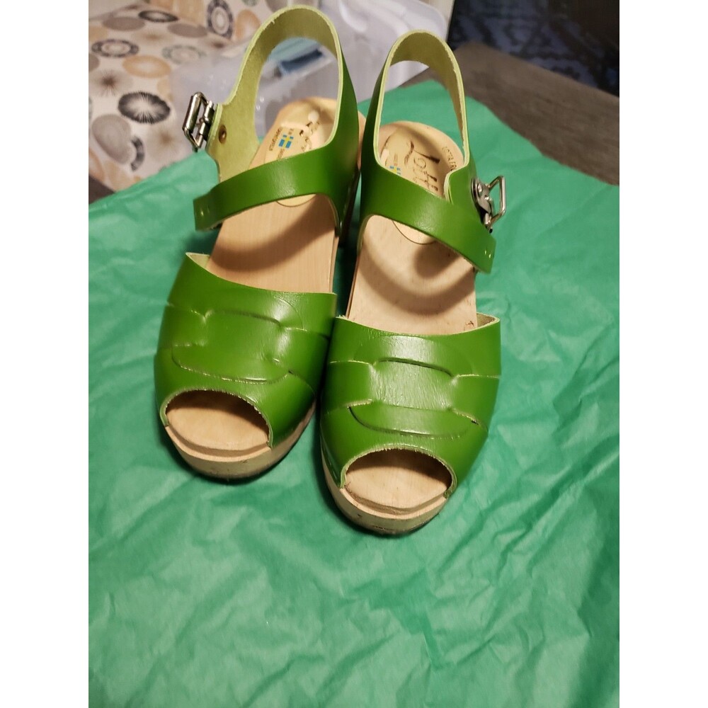 Lotta Stockholm Green Leather Strappy Clog Strap Sandals Women Sz 37 6.5-7 US